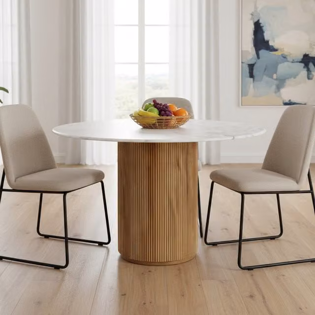 Luxor Living Round White Real Marble Dining Table with Central Column, Diameter: 120 cm