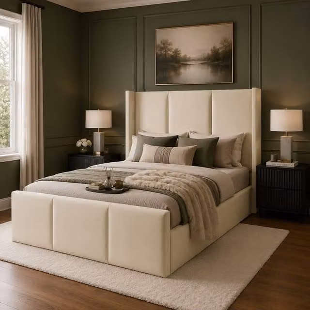 Desire Deco Grayson Wingback Ottoman Storage Bed Frame in Beige Plush Velvet, Size: King (180 x 200 cm) – 1