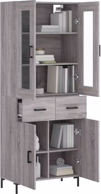 Berkfield Home Grey Sonoma Highboard with Glass Doors and Drawers, W/D/H: 69.5 x 34 x 180 cm