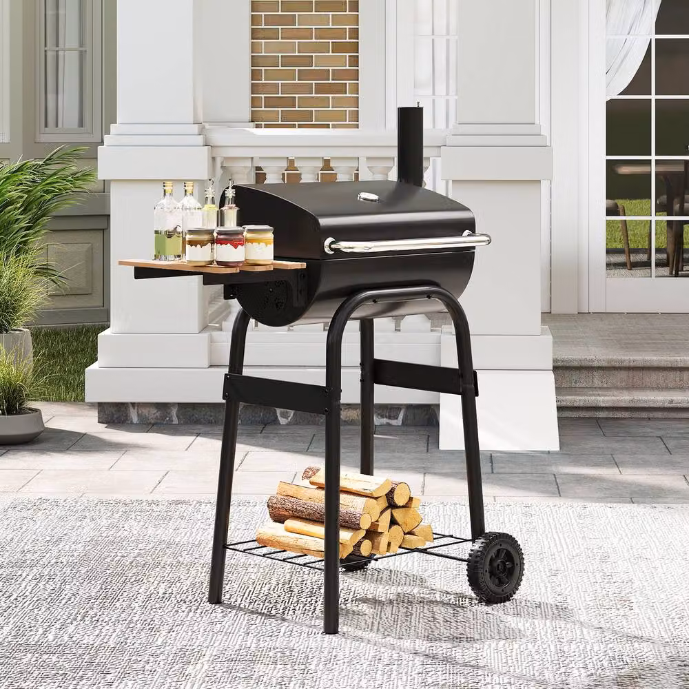 Gymax Portable Charcoal Barrel Grill with Foldable Side Table and Wheels, Black, W/D/H: 110 x 60 x 60 cm – 7