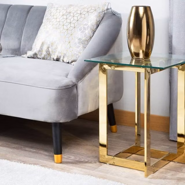 Wyld and Coco Clear Glass Square Side Table with Gold Metal Base W/D: 40 x 40 cm