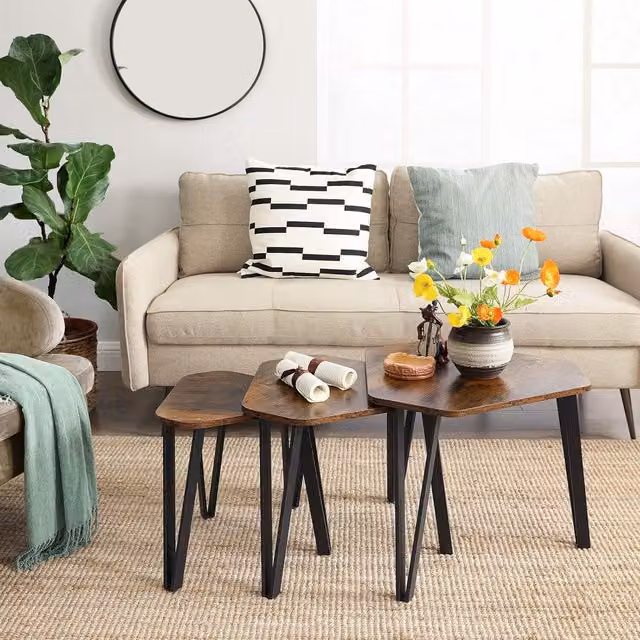 The Bazaarist Set of 3 Industrial Nesting Coffee Tables in Rustic Brown and Black