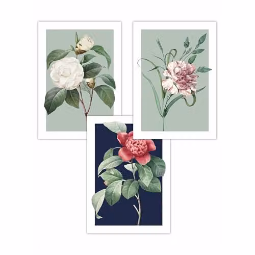 ARTZE Set of 3 Vintage Floral Botanical Wall Art Paper Posters in Green, Blue and Multicolour, W: 42 cm, H: 59 cm – 2