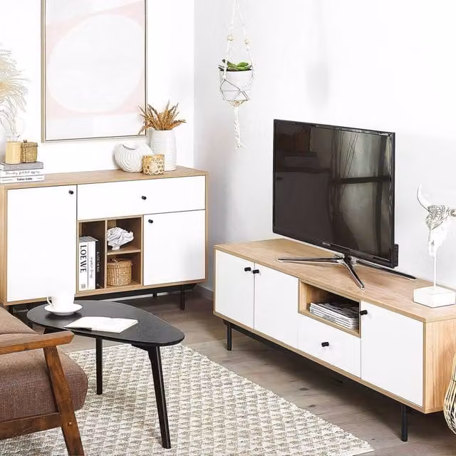 Wyld and Coco Retro TV Stand for up to 75-Inch TVs in Brown and White – 1