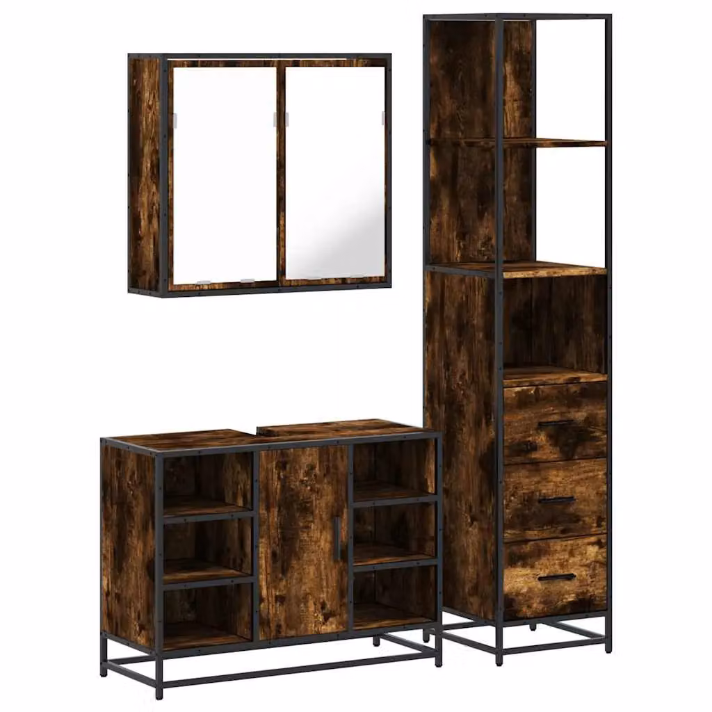 Berkfield Home 3 Piece Industrial Bathroom Furniture Set in Brown Smoked Oak – 1