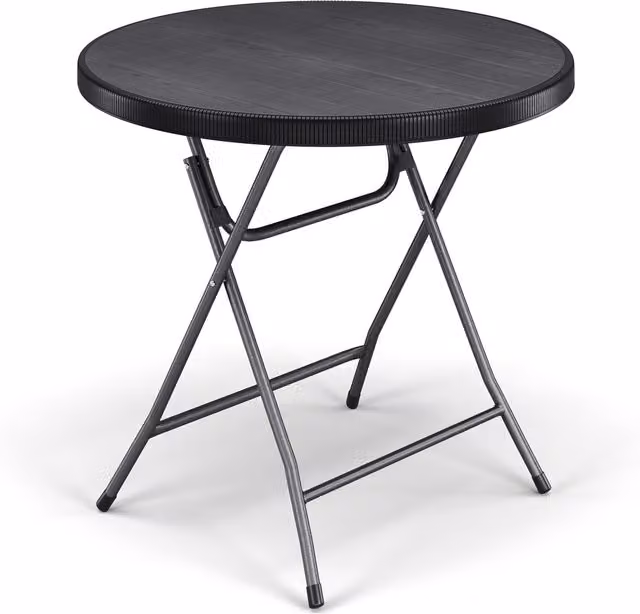 URBNLIVING Round Folding Garden Table in Matt Black Rattan and Metal
