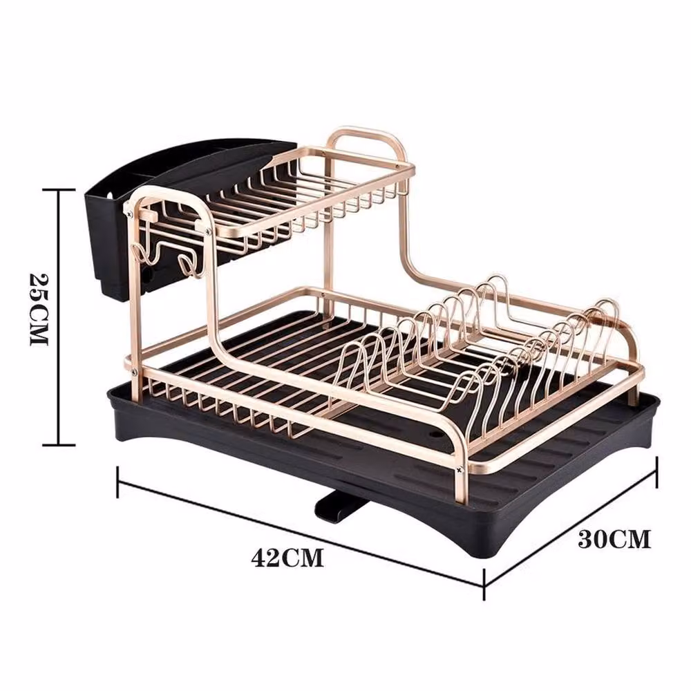 Kelvenix 2 Tier Gold and Black Aluminium and Stainless Steel Dish Drainer Rack with Cutlery Holder – 2
