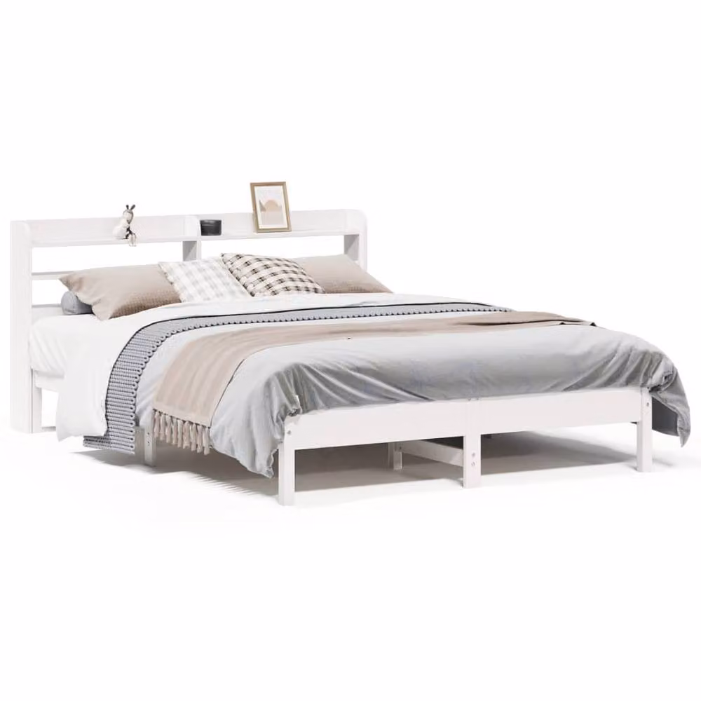 Berkfield Home White Solid Pine Decorative Bed Frame with Side Compartments and Bedside Shelf, W/D/H: 140 x 190 x 82 cm – 2