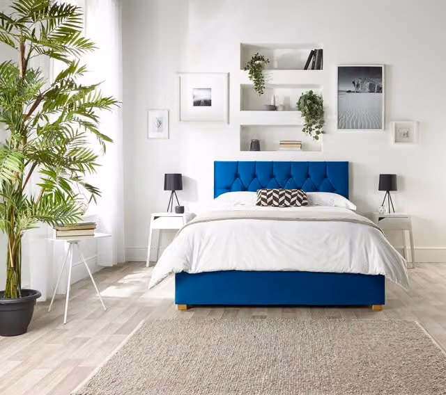 Catherine Lansfield Boutique Upholstered Ottoman Bed in Navy Blue Velvet, W: 200 cm x D: 200 cm