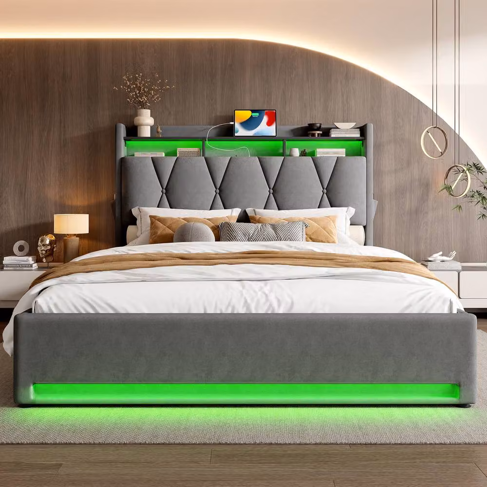 Direct Wicker King Padded Storage Bed with LED Lighting and USB Type-C in Dark Grey, W/D/H: 150 x 200 cm – 8