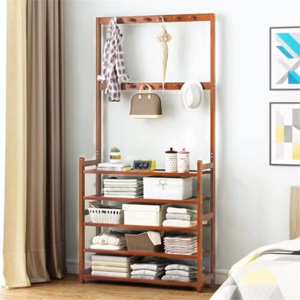 ERGOVEXA 5-Tier Bamboo Shoe Rack and Hat Display Shelf Unit with Handbag Hangers in Brown – 3
