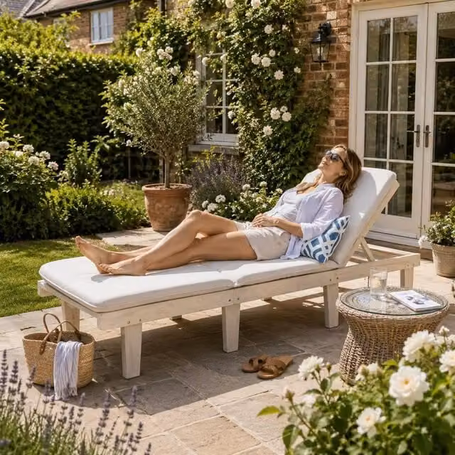 Direct Wicker 5-Position Adjustable Acacia Wood Garden Lounge with Cream Cushions