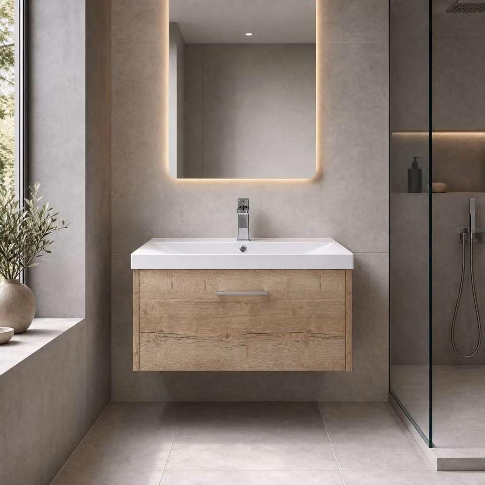 Balterley Modern Wall Mounted Single Drawer Bathroom Vanity Unit with Basin in Autumn Oak, W/D/H: 80.0 x 39.5 x 40.9 cm – 2
