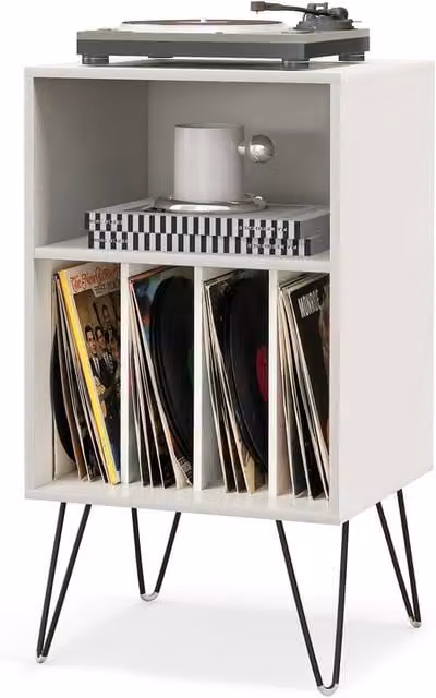Gymax White Metal Turntable Display Shelf and Vinyl Record Player Stand with Media Compartments