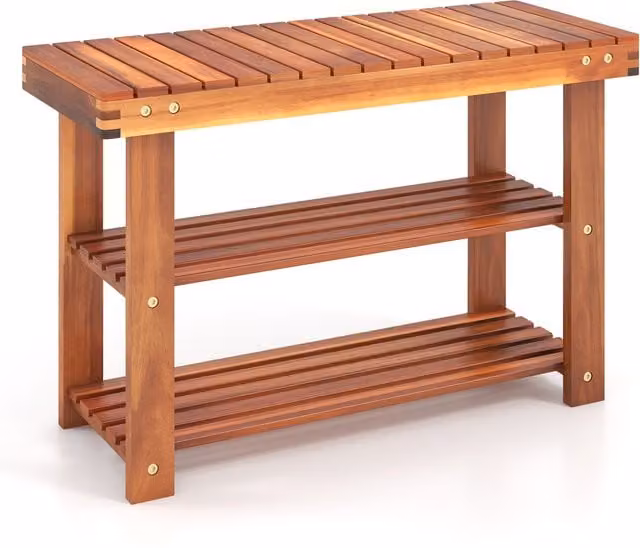 COSTWAY 3-Tier Acacia Wood and Metal Shoe Rack Bench in Brown, Width: 70 cm