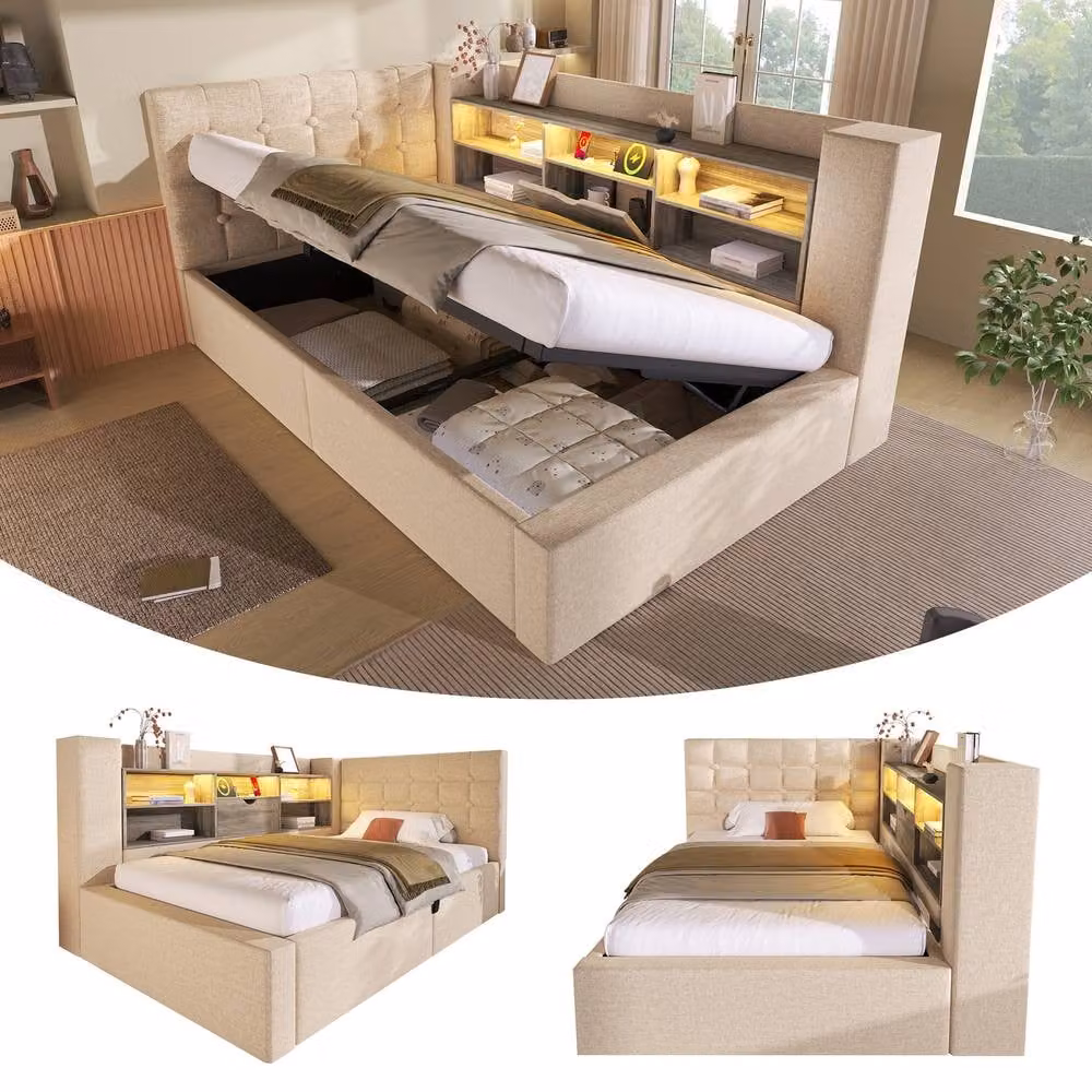 Rolipo Beige Linen Daybed with Storage, 3FT Single Sofa Bed with LED Lights and USB Charging Port, W/D/H: 90 x 190 cm – 5