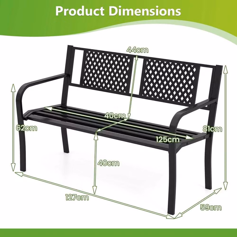 Kelvenix Black Metal Outdoor Garden Bench for 2-3 Persons – 2