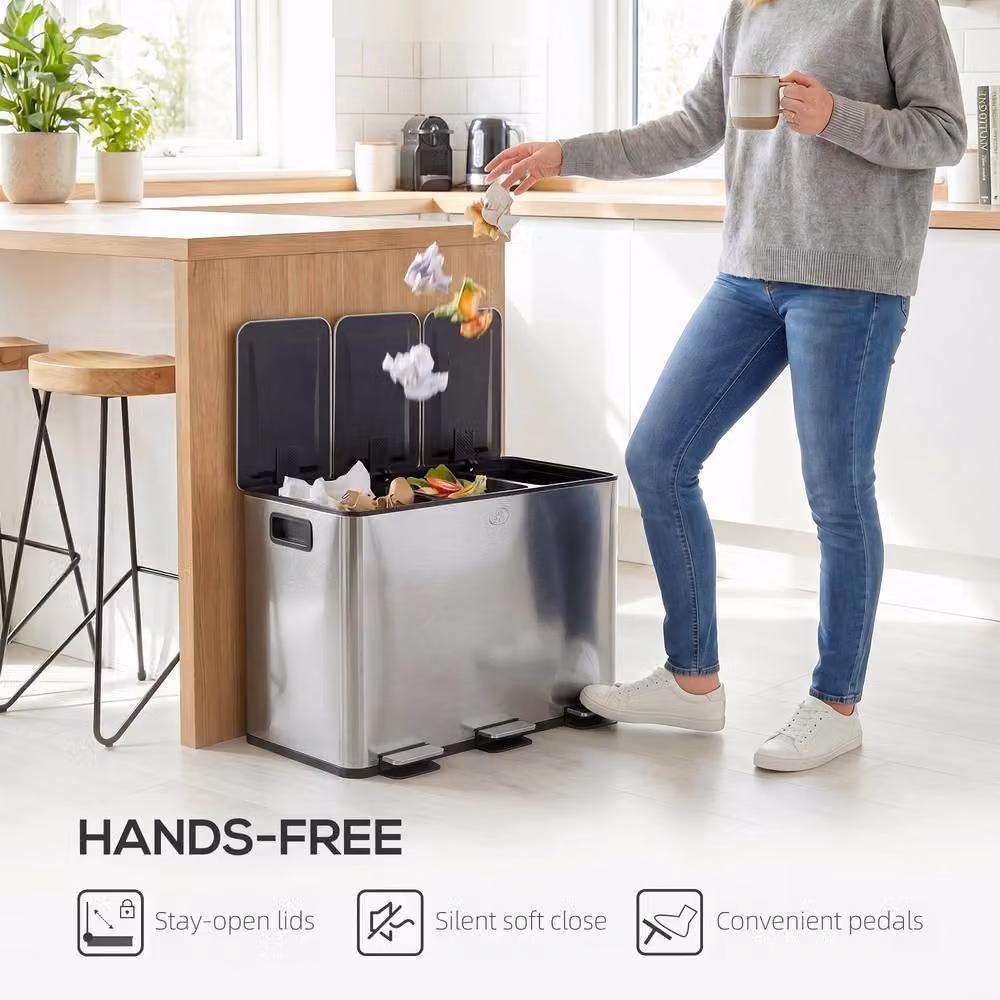 STILVORA Triple 20L Pedal Bin in Silver Stainless Steel with Soft Close Lid and Odour Filter – 6