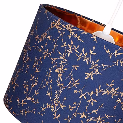 Happy Homewares Modern Round Blue Cotton Fabric Lamp Shade with Copper Foil Decoration, Diameter: 25 cm – 2
