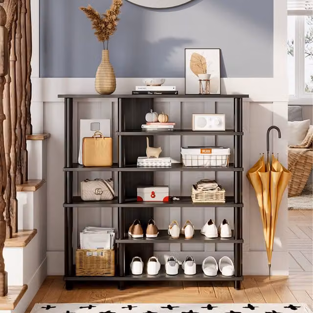 Livingandhome Modern Open-Style Metal Shoe Rack in Matt Black