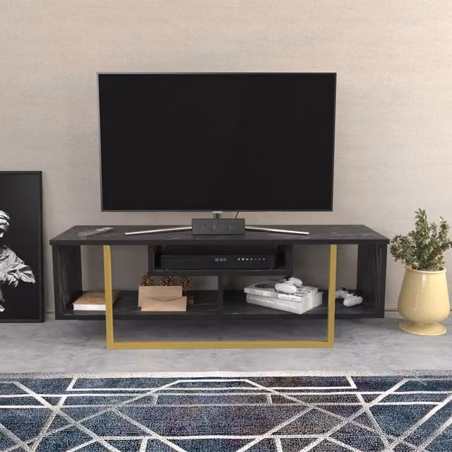 Asal Minimalist TV Unit in Black Marble Effect and Gold, Width: 120 cm