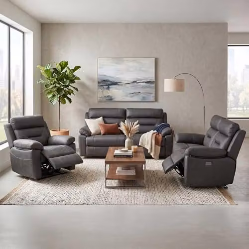 Furnishings For Less UK Lucy 3 Piece Electric Power Recliner Sofa Suite in Grey Fabric with USB Charging Ports, including 3 Seater Sofa, 2 Seater Sofa and Armchair – 2