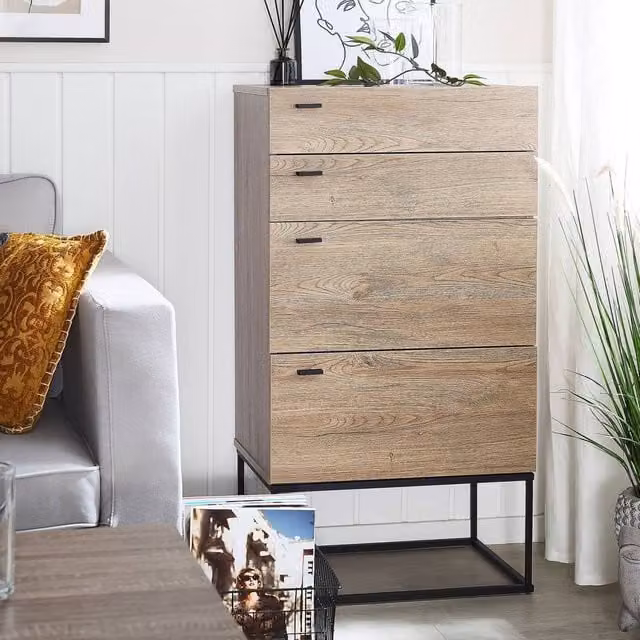 Wyld and Coco Rustic 4-Drawer Chest in Light Brown with Black Metal Base