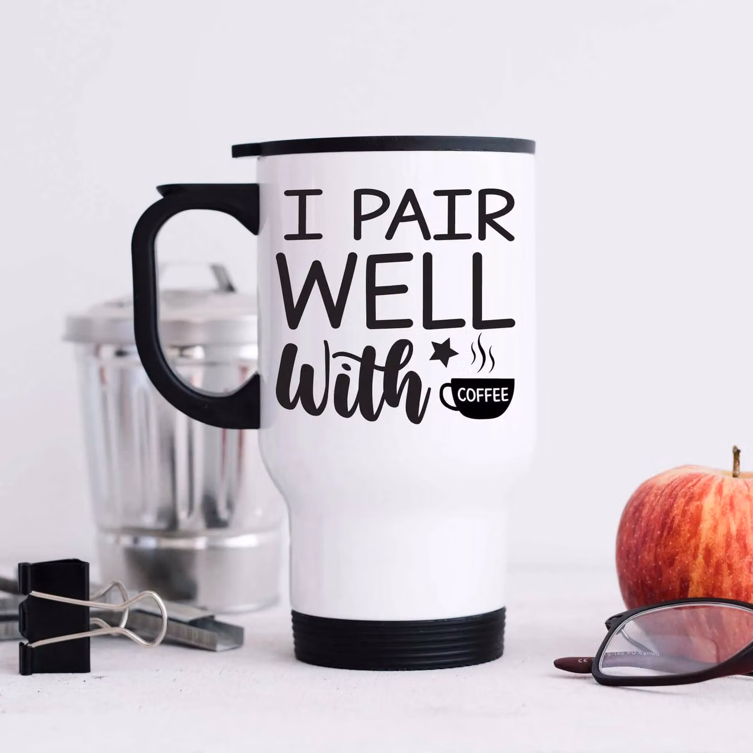 60 Second Makeover Limited I Pair Well With Coffee Metal Travel Mug in White – 2