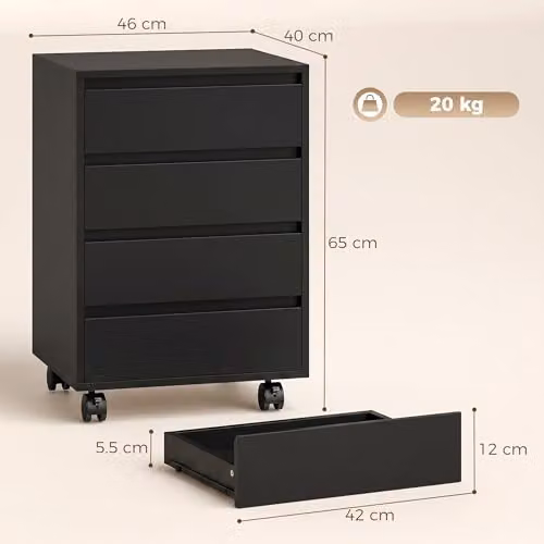 HOMCOM Mobile Vertical Filing Cabinet with 4 Drawers for Home Office, Black, W/D/H: 40 x 46 x 65 cm – 3