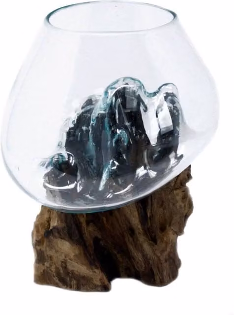 KDMD Handmade Molten Glass and Wood Bowl with Bali Gamel Stand in Turquoise – 1