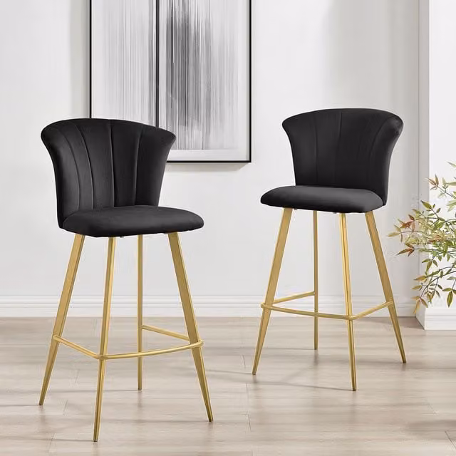 FurnitureboxUK Set of 2 Juniper Black Velvet Breakfast Bar Stools with Gold Metal Legs