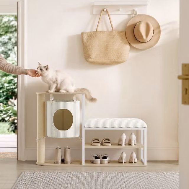 Yaheetech 2-in-1 Shoe Storage Bench and Cat Tower with Cave in Oak