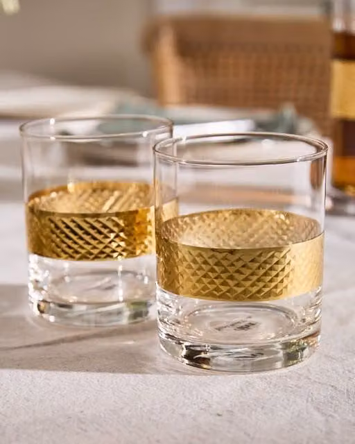 Dibor Set of 2 Geometric Gold Diamond Band Whisky Tumblers, 320ml per glass, Transparent
