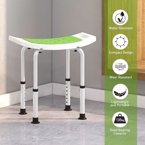 HOMCOM Height-Adjustable Non-Slip Shower Chair with Drainage Seat in Green – 3