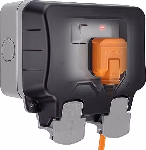 British General IP66 Weatherproof Outdoor Double Switched Wall Mounted Socket, Grey – 1