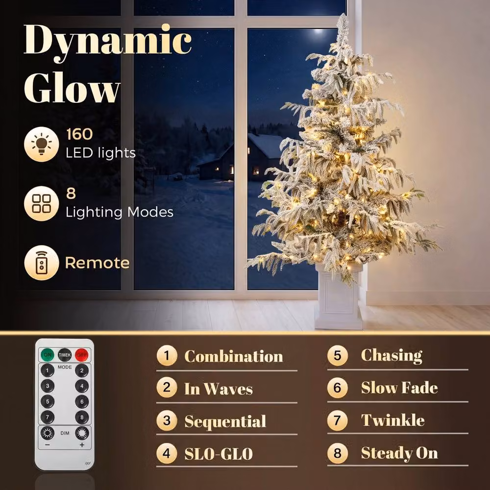 HOMCOM 4ft Flocked LED Christmas Tree with 8 Lighting Modes and Remote Control in Green and White – 3
