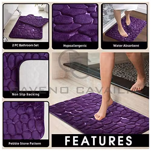 Gaveno Cavailia 2 Piece Purple Memory Foam Pebble Bath Set with Bath Mat and WC Pedestal Mat – 4
