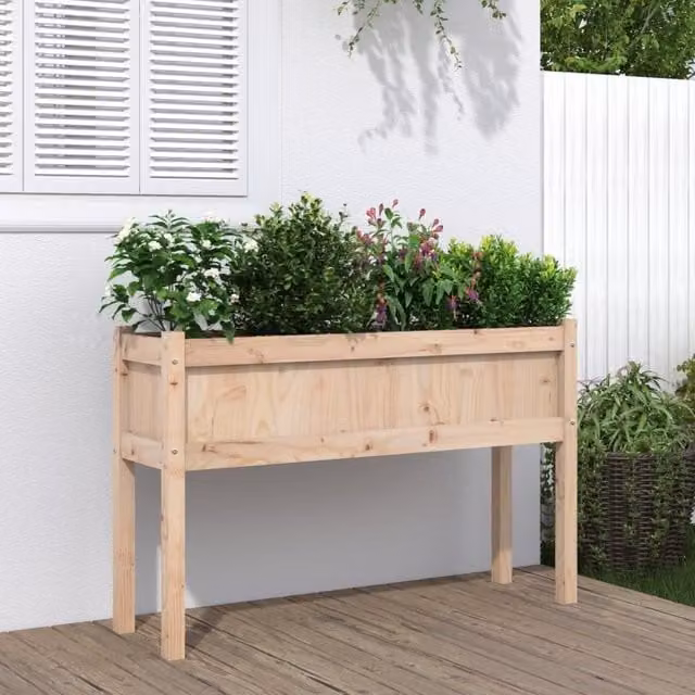Berkfield Home Rustic Brown Solid Wood Pine Garden Planter with Legs, W/D/H: 110 x 31 x 70 cm – 1