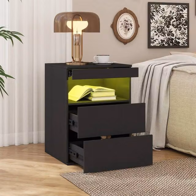 EONLION Modern Black 3-Drawer LED Light Bedside Table with Integrated Lighting, W/D/H: 100 x 60 x 100 cm