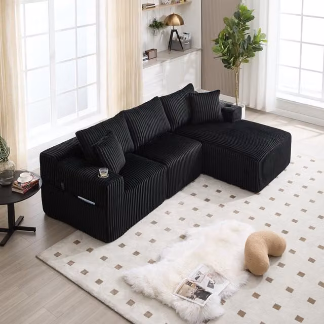 Aosom UK Modular L-Shaped Sectional Sofa in Black Corduroy with Deep Seats and Reversible Design, W/D/H: 160 x 257 x 80 cm – 1