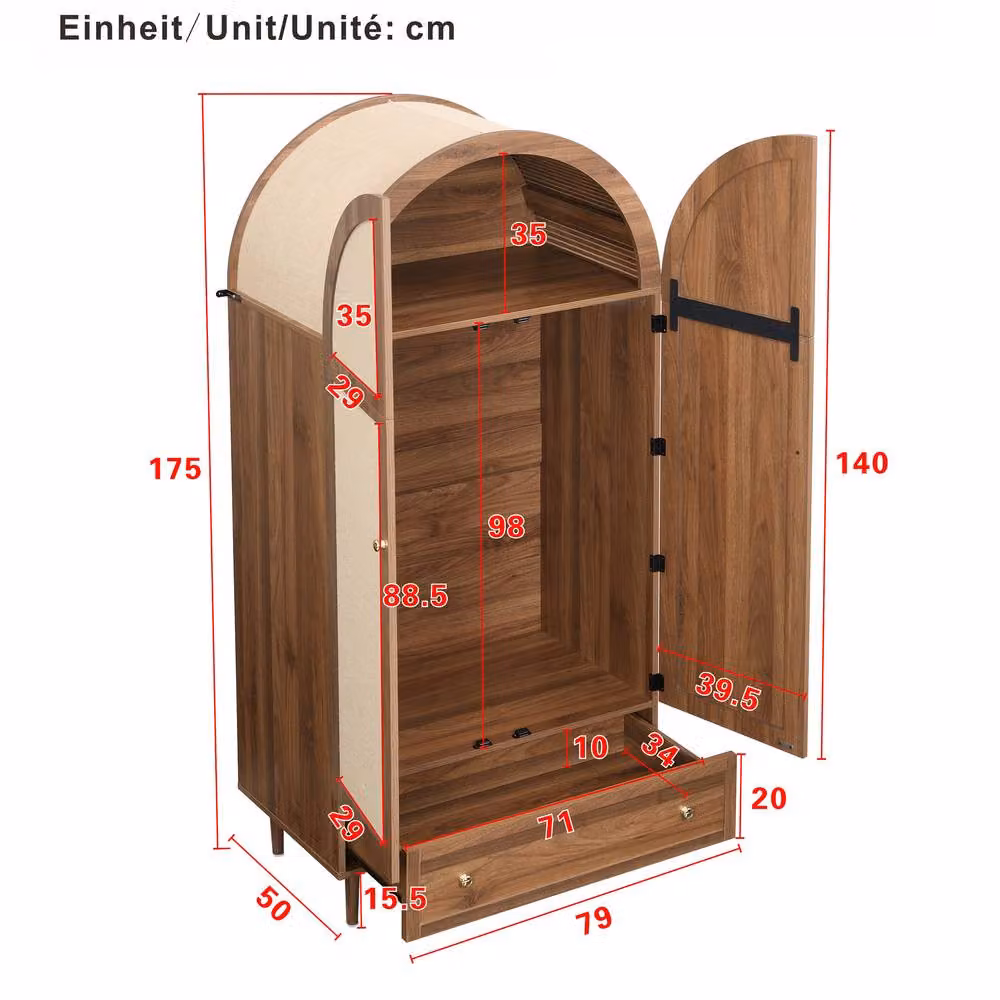 Merax Arched Retro Wardrobe in Brown with Fabric Doors and Drawer, H 175 x W 79 x D 50 cm – 2