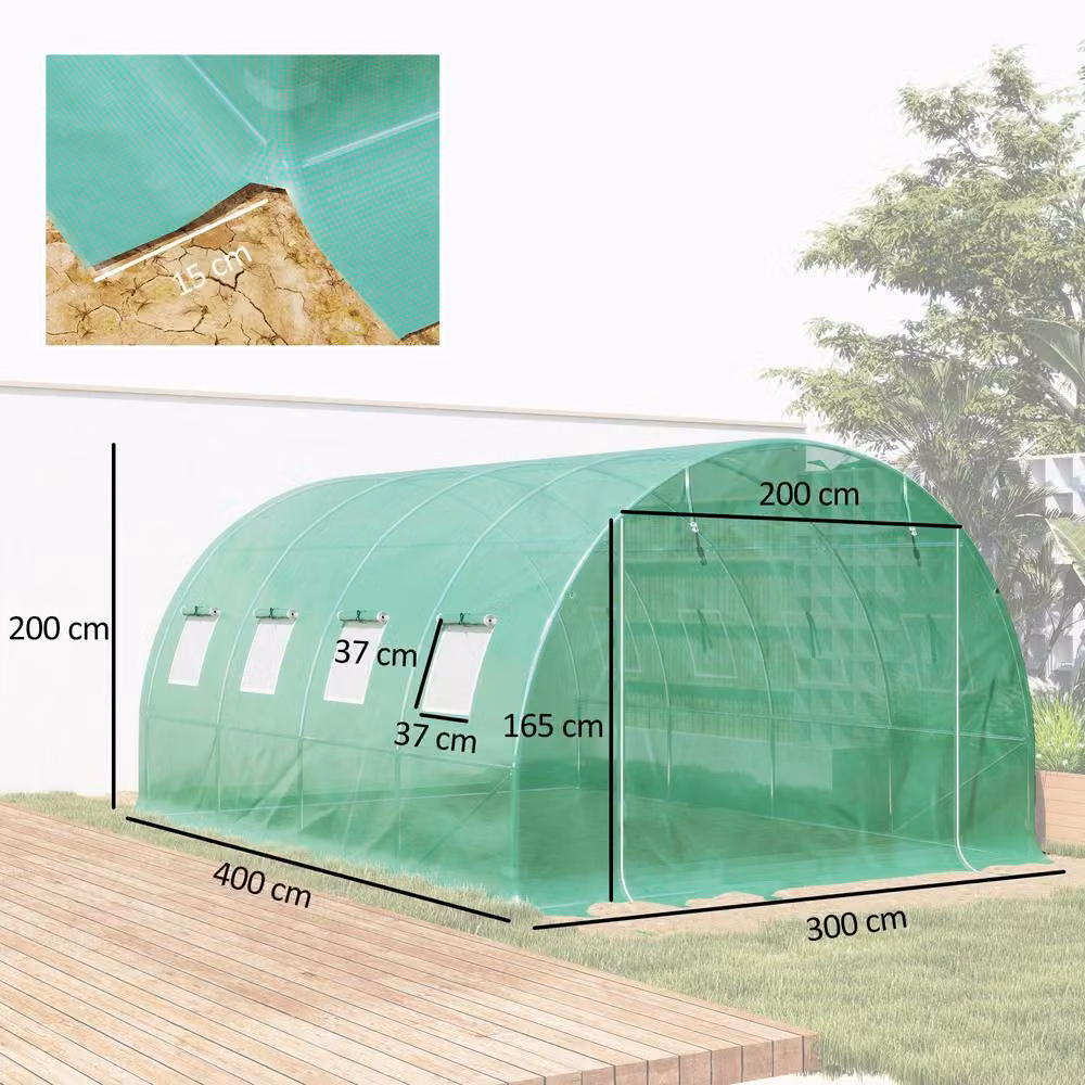 STILVORA Green Greenhouse Replacement Plastic Cover with Roll-Up Windows, W: 400 cm, D: 300 cm, H: 200 cm – 3