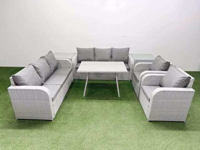 Fimous Rattan High Back Lounge Sofa Set with Reclining Chairs and 2 Side Tables in Light Grey