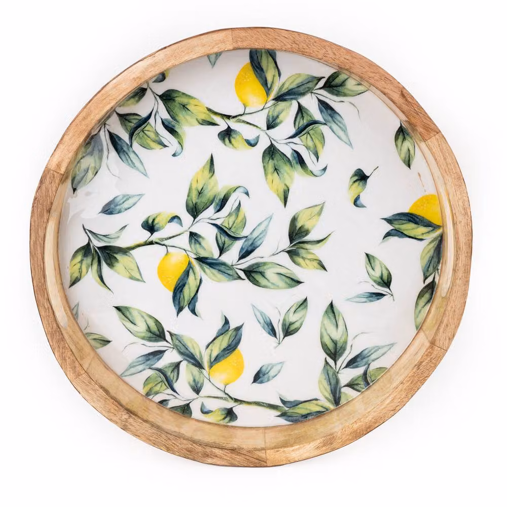 Madison & Mayfair Mango Wood Lemon Print Round Tray in Brown, Diameter: 30 cm – 2