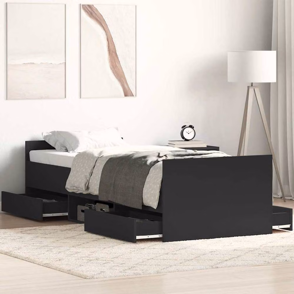 Berkfield Home Modern Single Bed Frame with Headboard, Footboard and Drawers, Black, W/D/H: 90 x 190 cm – 2