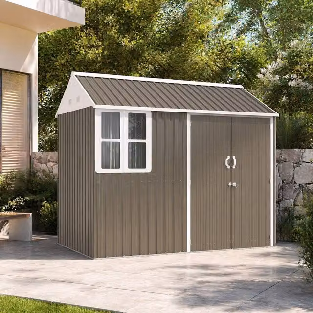 STILVORA Grey Galvanised Steel Garden Shed with Double Doors and Window – 1