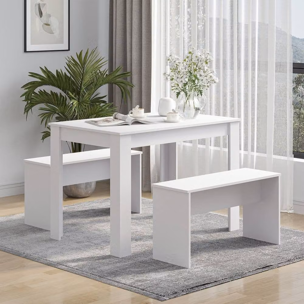 Wyld Haus Sono White Rectangular Dining Table and 2 Slide Under Benches – 3