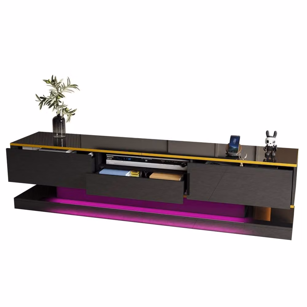 STILVORA Modern Glossy Black and Gold Wood TV Cabinet with Integrated Lighting, W: 180.0 cm, D: 38.0 cm, H: 45.0 cm – 4