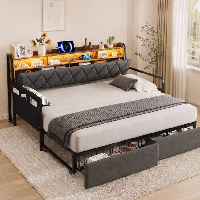 STILVORA Grey Fabric Single Daybed with Storage Drawers, LED Lighting and USB Charging Station, W/D/H: 90 x 190 cm
