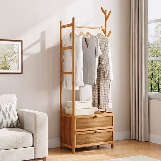 Livingandhome Minimalist Brown Untreated Wood Coat Rack with Dual Hook and Rail Matrix